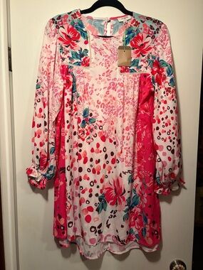Umgee Pink Floral & Polka Dot Long-Sleeve Tunic Dress